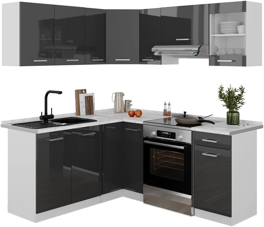 Cucina angolare completa Rick, Antracite lucido/bianco, 190 x 60 cm, PL Marmo, con elementi modulari espandibili per una pianificazione flessibile della cucina
