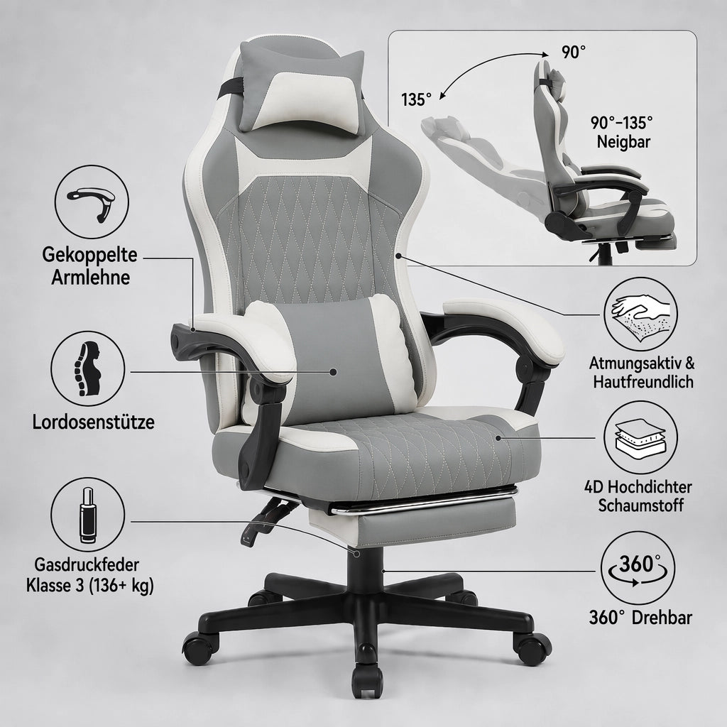 Sedia da ufficio ergonomica girevole con poggiapiedi e schienale reclinabile ruote silenziose in PVC verde polvere