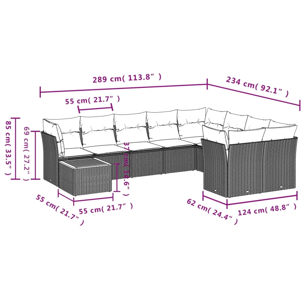 Set Divano da Giardino 10 pz con Cuscini Beige in Polyrattan