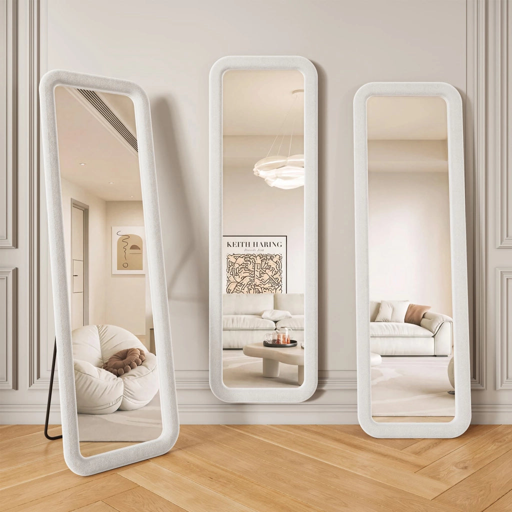 Specchio a figura intera 160x50 cm; specchio da terra con supporto; specchio da parete; cornice in flanella bianca; autoportante o da appoggio