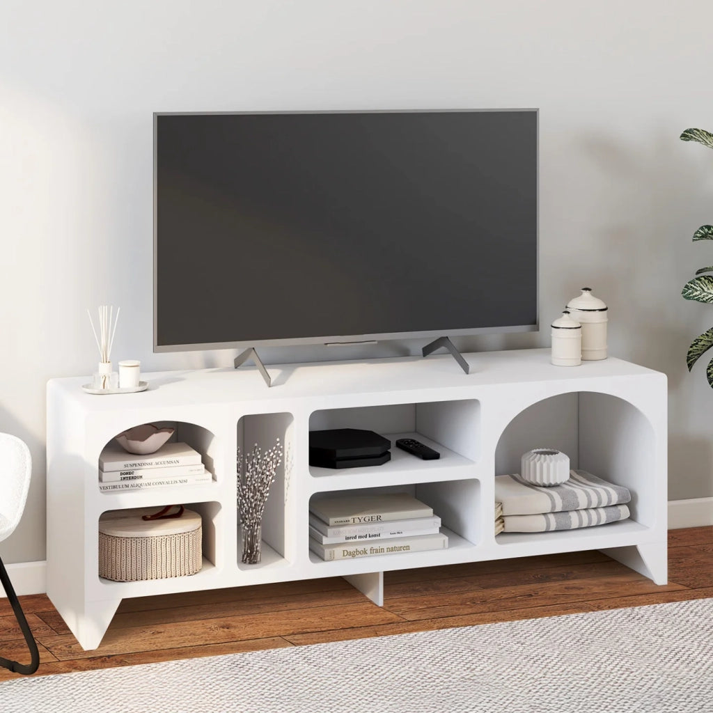 IDMarket - Mobile TV organico ALESIA 140 cm con 6 nicchie in legno bianco