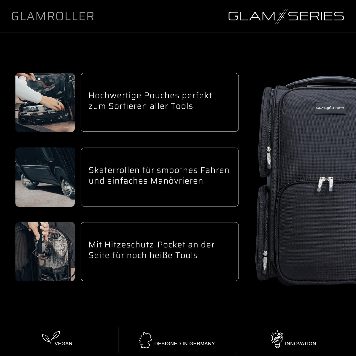 GlamSeries GlamRoller Trolley, valigia per trucco con 4 trousse, valigetta per make-up artist con scomparto con protezione termica, organizer per makeup artist, parrucchieri