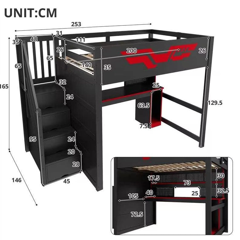 Letto a soppalco gaming 140 x 200 cm con scrivania, LED e USB