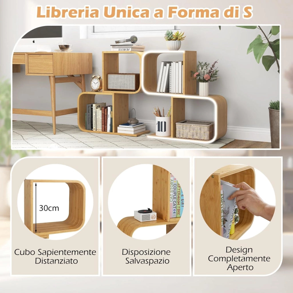 Libreria a 2 Cubi Forma di S, Libreria Bassa Scaffale in Bamboo, Libreria Design Moderna Salvaspazio Piccola da Terra, per Soggiorno, Studio e Ufficio, 61 x 23 x 66,5 cm, Naturale (2 Livelli)
