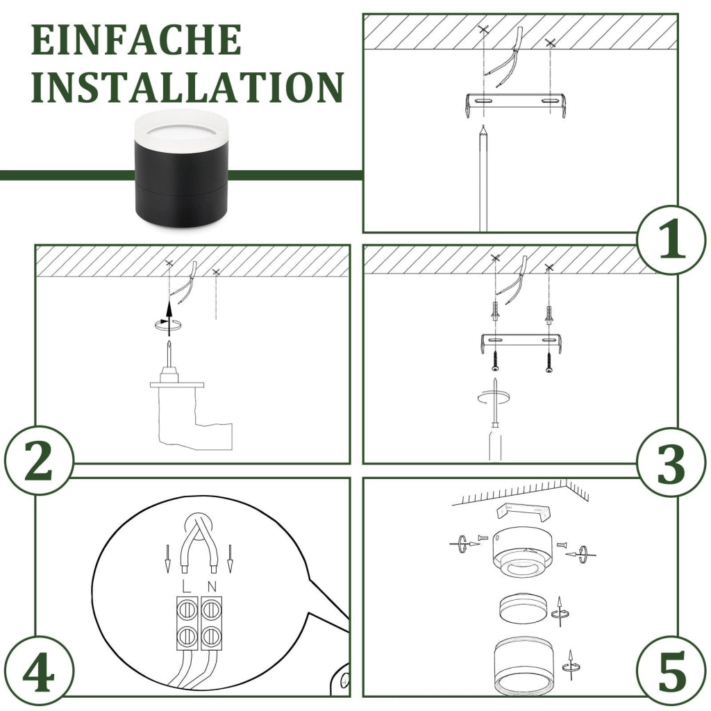 ZMH Faretto da soffitto LED neri rotondi da superficie 5W acrilico piccoli