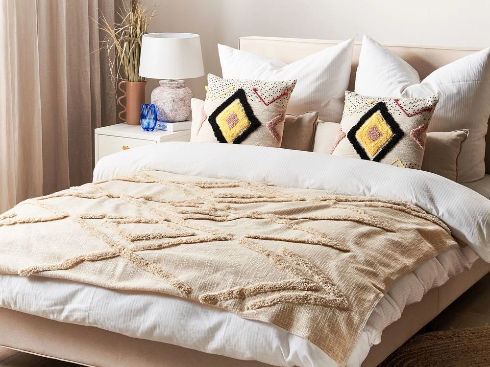 Coperta beige cotone 130 x 180 cm motivo geometri copriletto accogliente accessorio