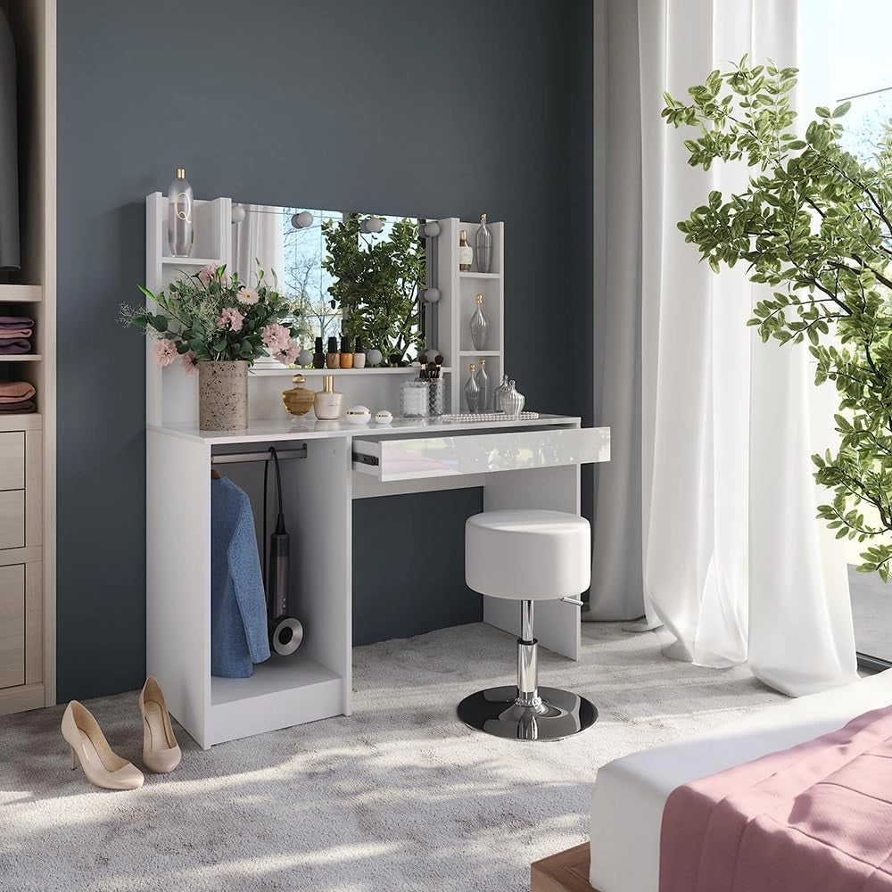 Tavolo da toeletta Sherry, Bianco/bianco lucido, 119.8 cm 5 parti