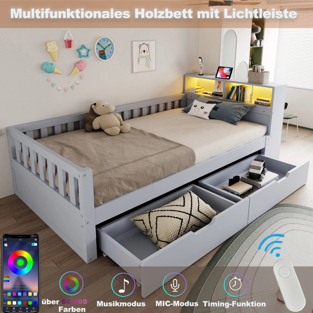 Letto singolo multifunzione 90x200 cm in legno grigio con cassetti; LED e prese USB