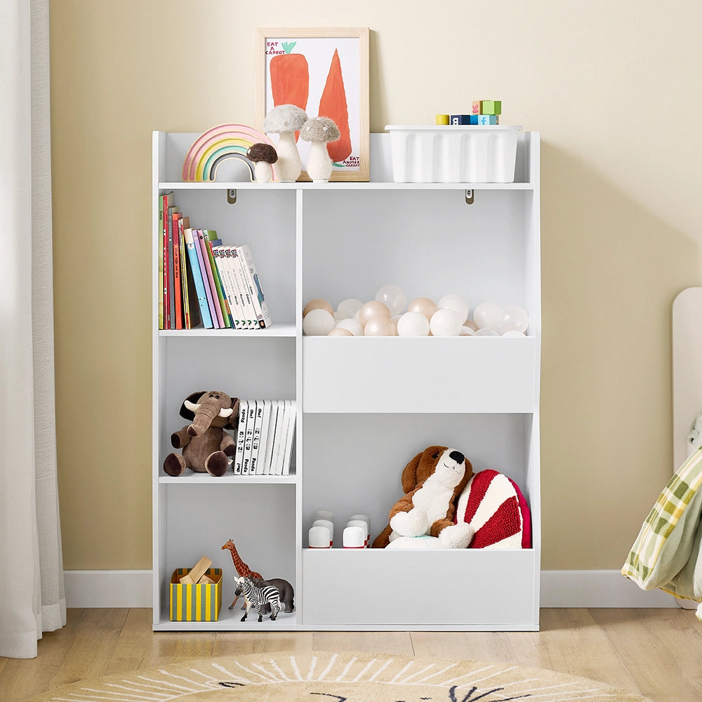 SoBuy Libreria Montessoriana per Bambini - Scaffale Portagiochi con 5 Scomparti Aperti - Libreria da Terra per Cameretta Bianco 80x34x104 cm KMB55-K-W