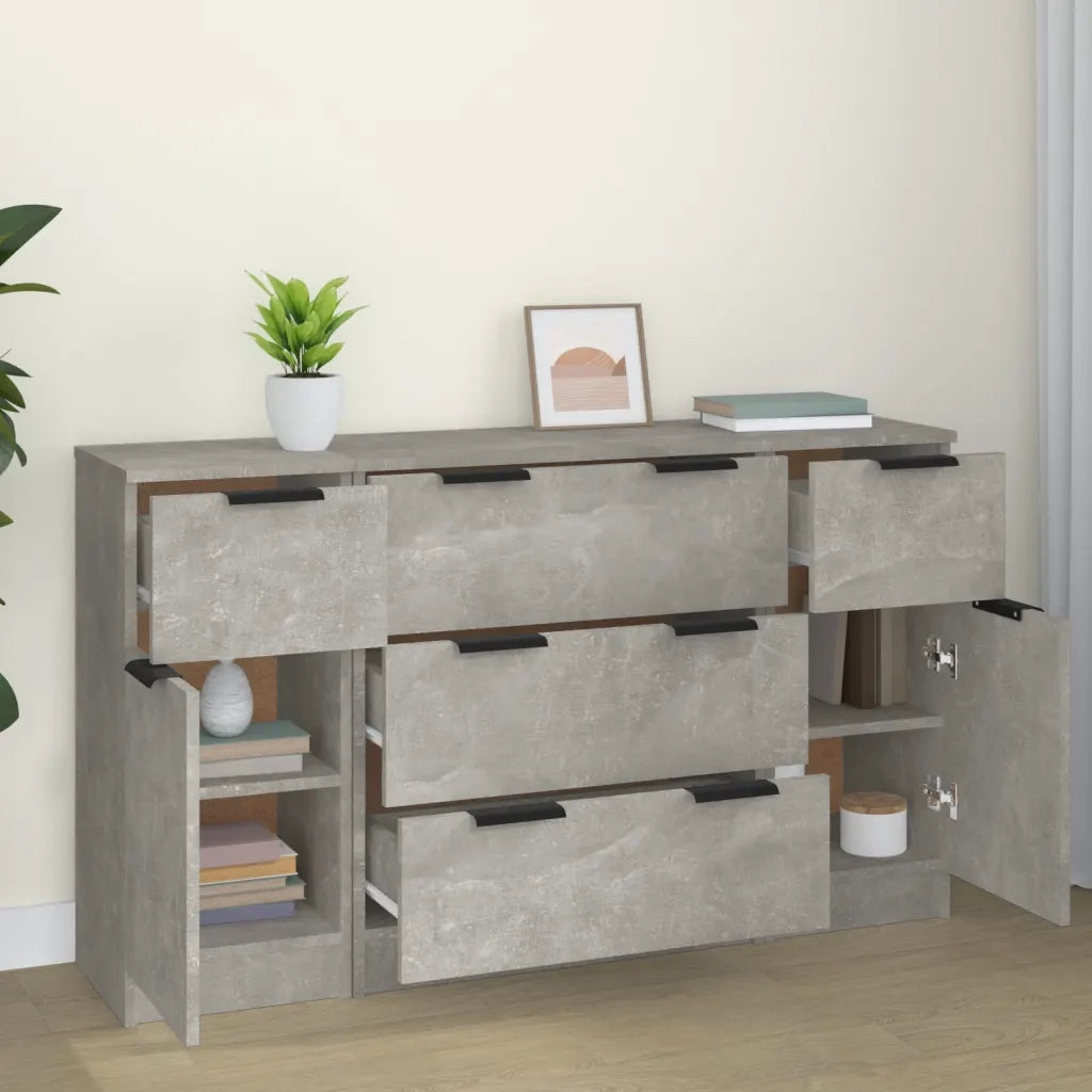 Set di Credenze 3 pz | Madia | Buffet da pranzo | Armadio da pranzo Grigio Cemento in Legno Multistrato