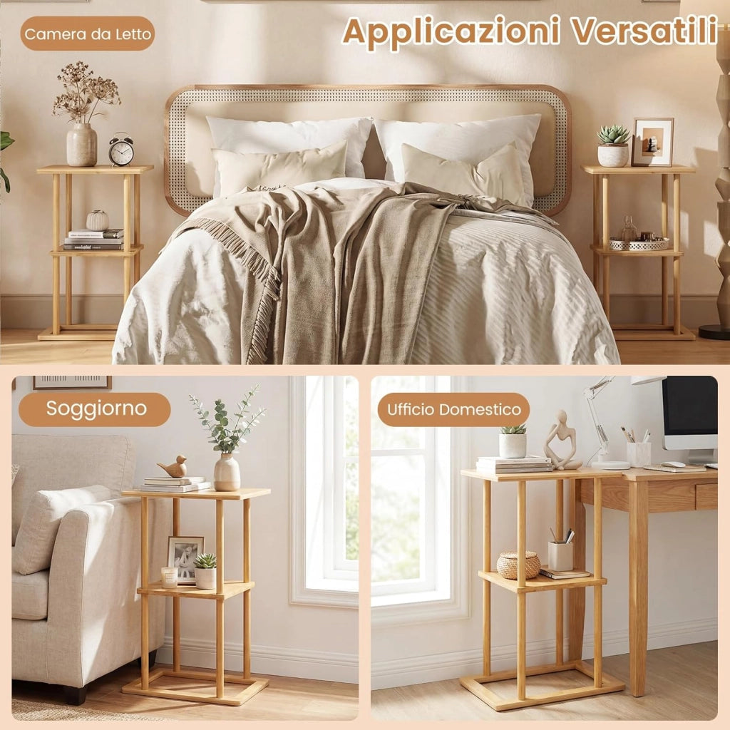 2 Tavolini Laterali da Salotto, Tavolino Rettangolare con Mensole Portaoggetti e Struttura in Bamboo, Tavolino Salvaspazio per Soggiorno, Camera da Letto e Ufficio
