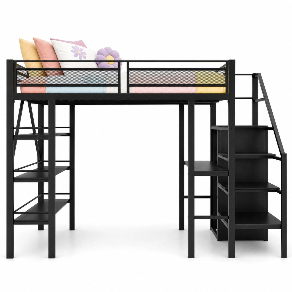 Letto a soppalco modulare 140x200 cm in metallo nero con scrivania; ripiani e armadio