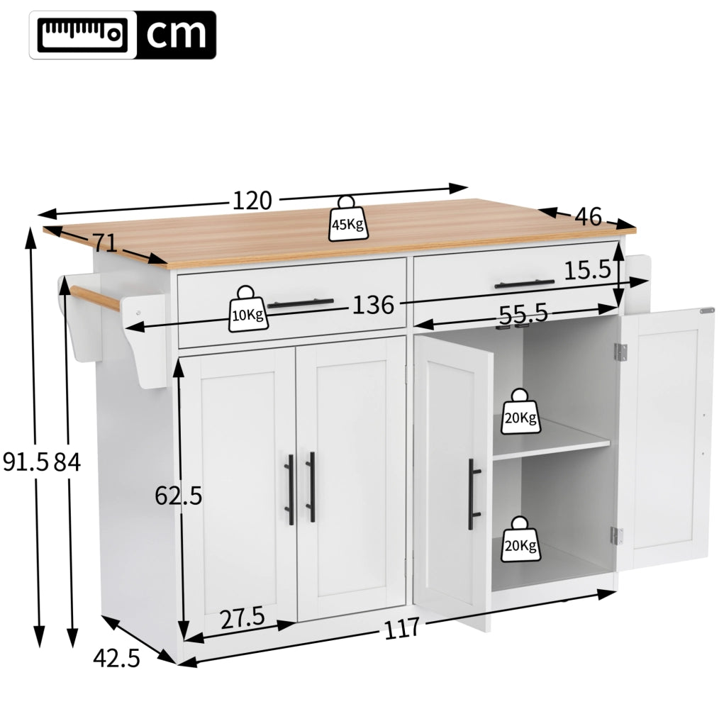 Carrello da cucina con piano ribaltabile e ruote; MDF bianco naturale