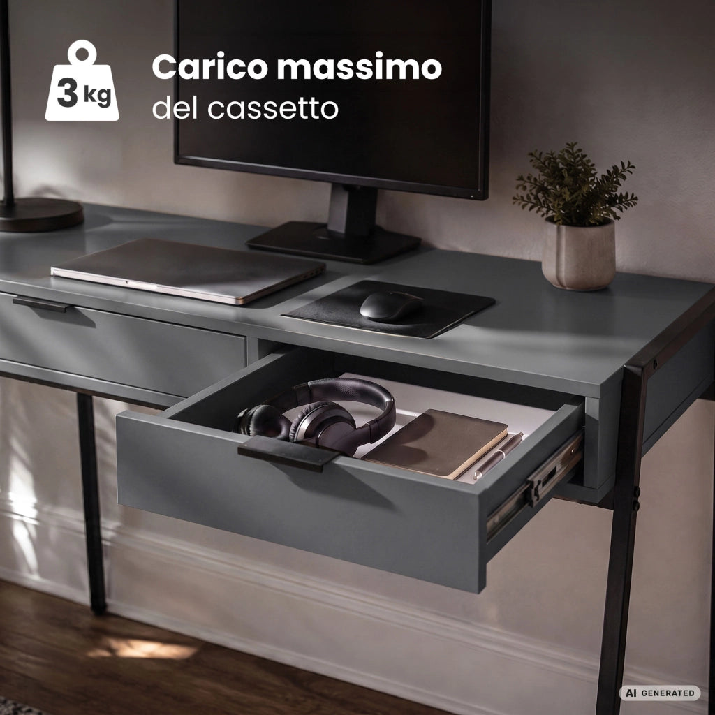Scrivania industriale per computer Grafite ZENTIA 100 cm 2 cassetti gambe nere