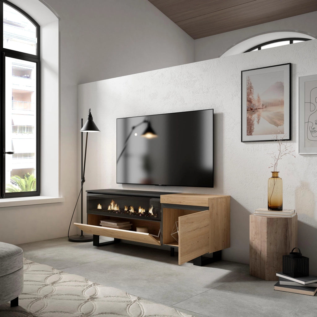 Mobile TV Soggiorno, 150x35x57cm, Per TV fino a 65", Camino elettrico, Design industriale, colore Rovere e nero RF2431