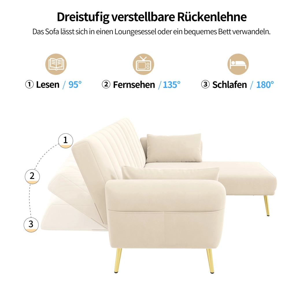 DIVANO LETTO angolare 191,5x130,5 cm in velluto beige con chaise longue reversibile