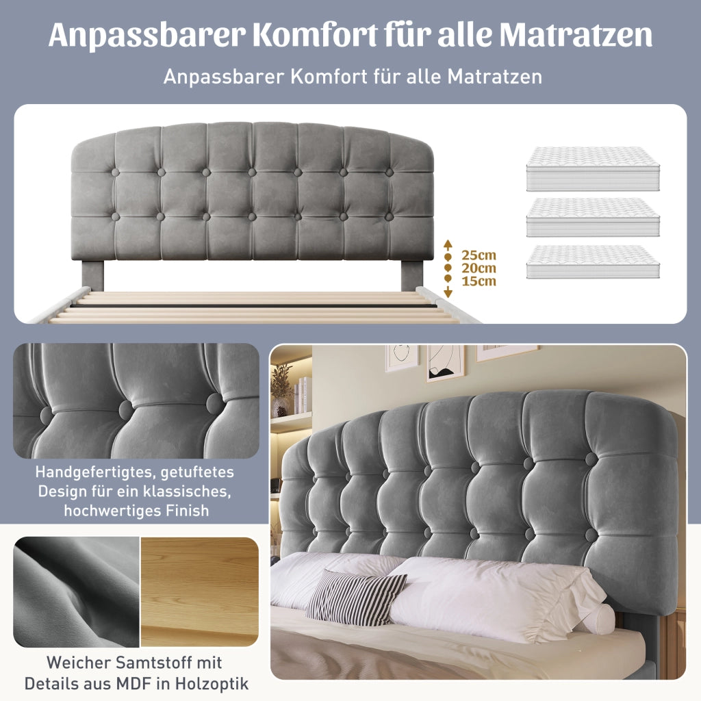Letto contenitore 140 × 190 cm con testiera regolabile, cassetti e ripiani, senza materasso, in velluto grigio