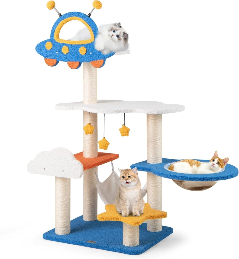 Tiragraffi per Gatti a Tema Spaziale, Albero per Gatti con Piattaforma a UFO e Pali in Sisal, Torre per Animali Domestici Interno (58 x 45 x 124cm)