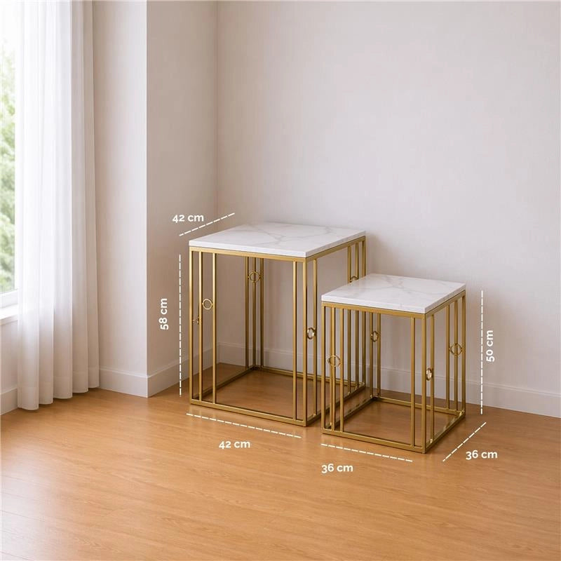 2 TAVOLINI QUADRATI IN METALLO E PIETRA SIMIL MARMO MISURE 42X42X58CM/36X36X50CM