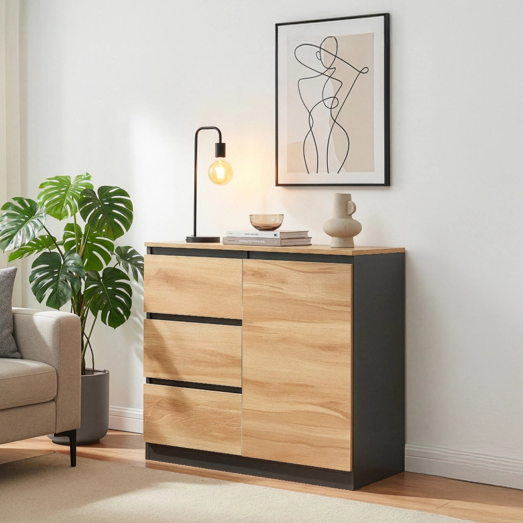 Credenza Mobile Contenitore Kyr Comò con Anta e 3 Cassetti 80 x 40 x 75 cm - Nero/Effetto Rovere Rustico [en.casa]