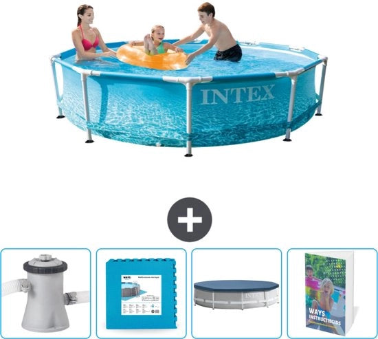 Piscina Rettangolare in Acciaio - 305 x 76 cm - Waterprint - Inclusa Pomp di Filtro - Gres Porcellanato - Copertura - Guida alla Piscina