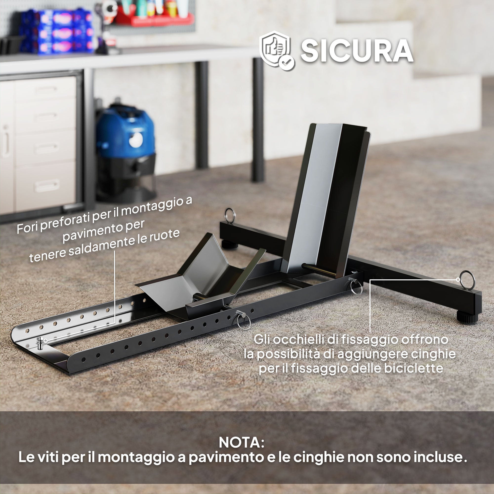 Cavalletto Bloccaruote per Moto Staffa Regolabile per Ruote Ø34-84 cm in Acciaio Nero