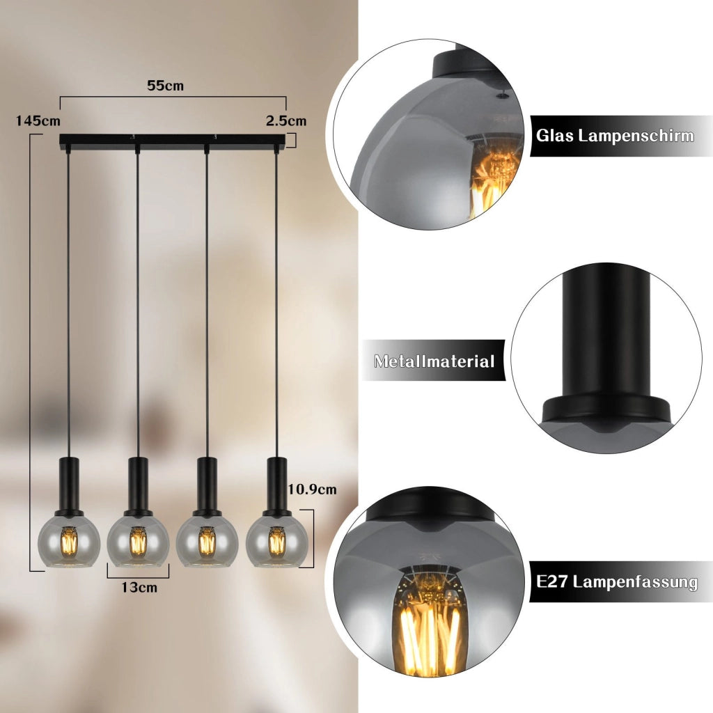 Lampada a sospensione ZMH da sala da pranzo a 4 fiamme E27 lampada a sospensione retr¨° in vetro camera da letto bar