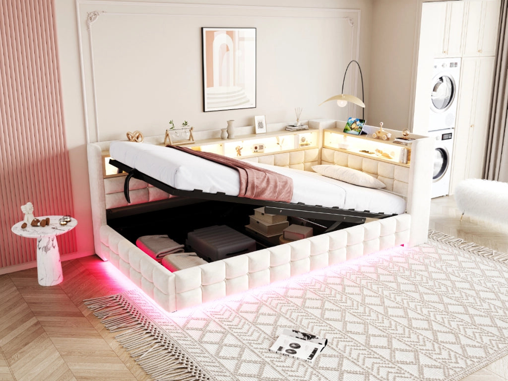 DESMIU Letto Contenitore 90 × 200 cm 1 posto con vano idraulico, ripiani, USB e Type-C, senza materasso, beige