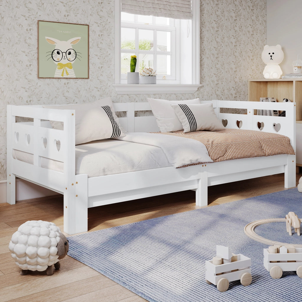 Letto giorno estendibile a cuore 90x200 cm in legno di pino massiccio bianco con 2 posti
