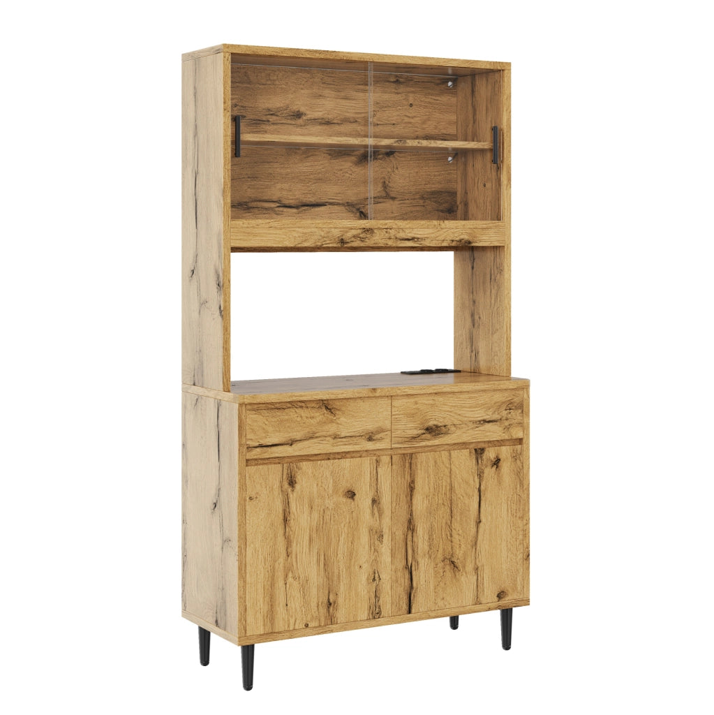 Credenza alta in rovere con LED, prese e porte in vetro