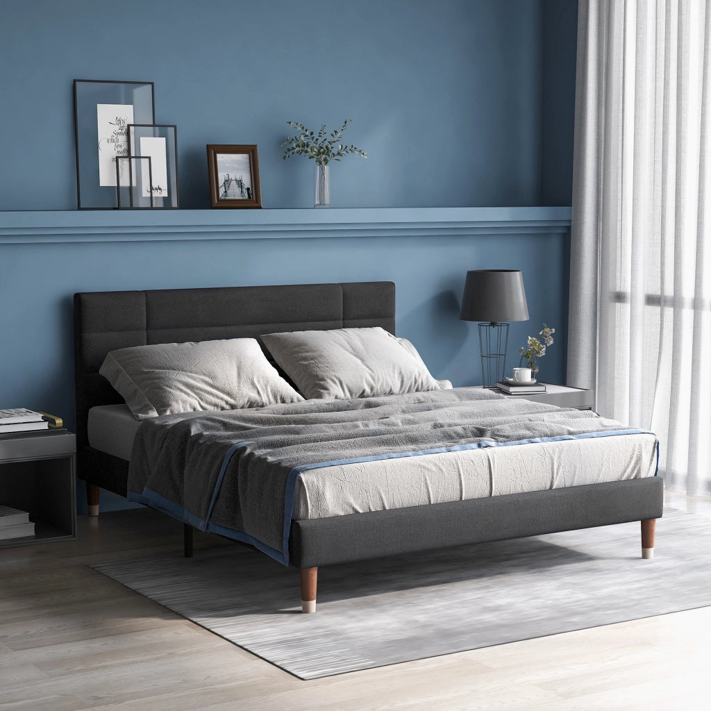 Letto matrimoniale 140x200 cm con rete e testiera imbottita legno grigio (Senza materasso)