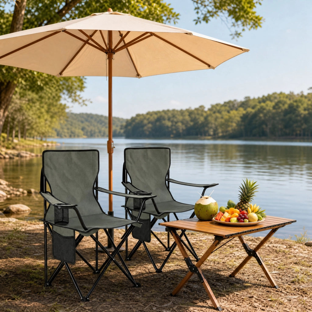 SEDIA da campeggio pieghevole set da 2 pezzi con portabicchieri 47x76x80,5 cm grigio scuro