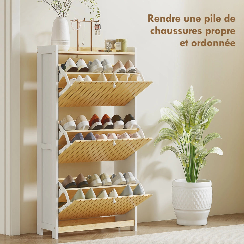 Scarpiera con cassetti e ante in bamb¨´ ¨C Zephmum ¨C Bianco e legno naturale 60x24x118cm