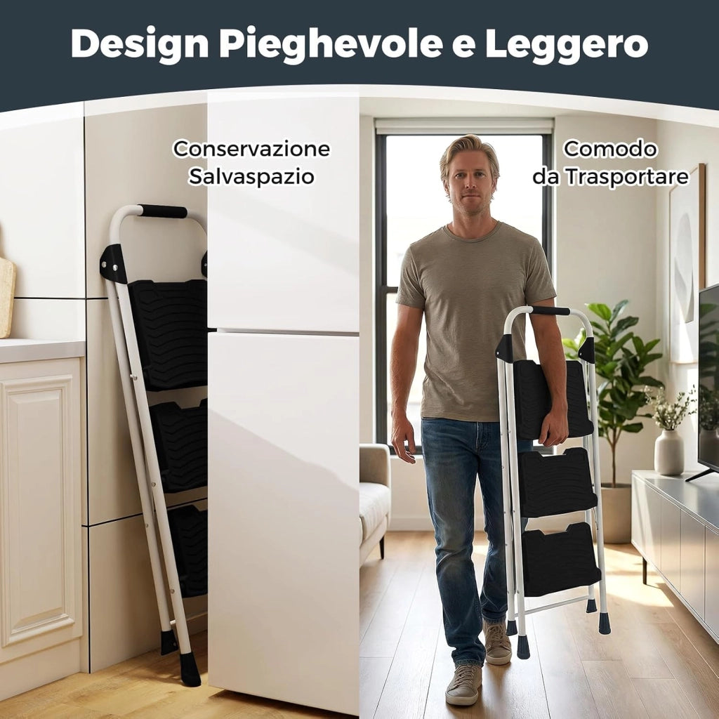 Scala a 3 Gradini, Scaletta Pieghevole in Acciaio con Corrimano Imbottito, Pedale Antiscivolo e Blocco di Sicurezza, per Cucina, Giardino e Ufficio, Portata 360 kg (Nero + Bianco)