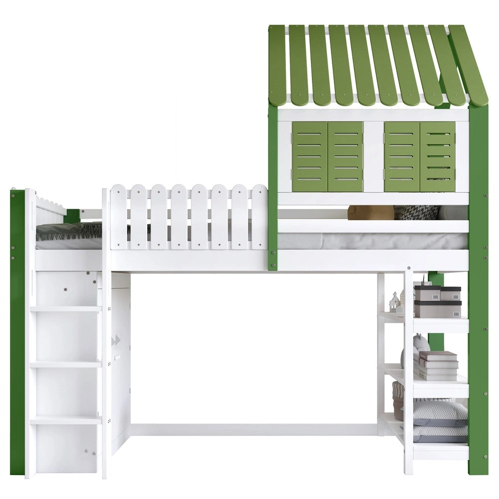 Letto a Soppalco per Bambini con Armadio, Rete a Doghe e Scala ¨C MINIMAL ¨C Pino/MDF, Bianco e Verde, 90x200