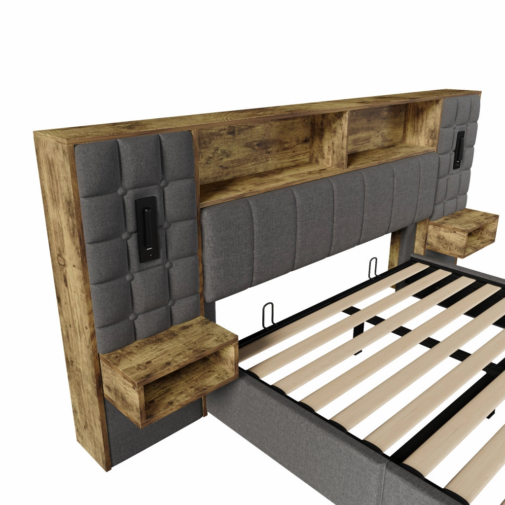 Letto matrimoniale 160 × 200 cm con contenitore, luci da lettura, 2 comodini, USB e Type-C, senza materasso, grigio