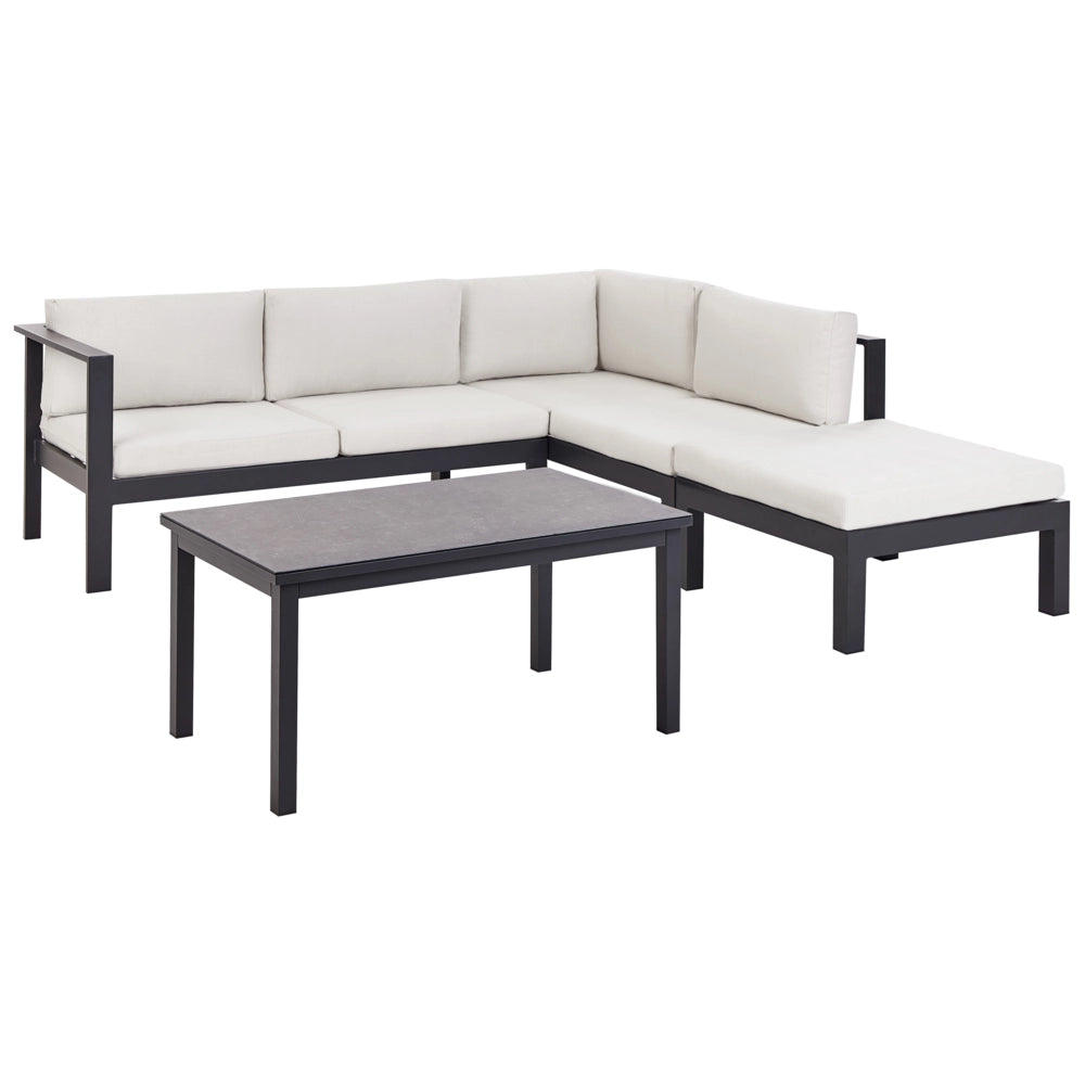Set da giardino divano 5 posti e tavolo elevabile con struttura bianca e piano in vetro e cuscini nero e bianco sporco stile moderno scandinavo