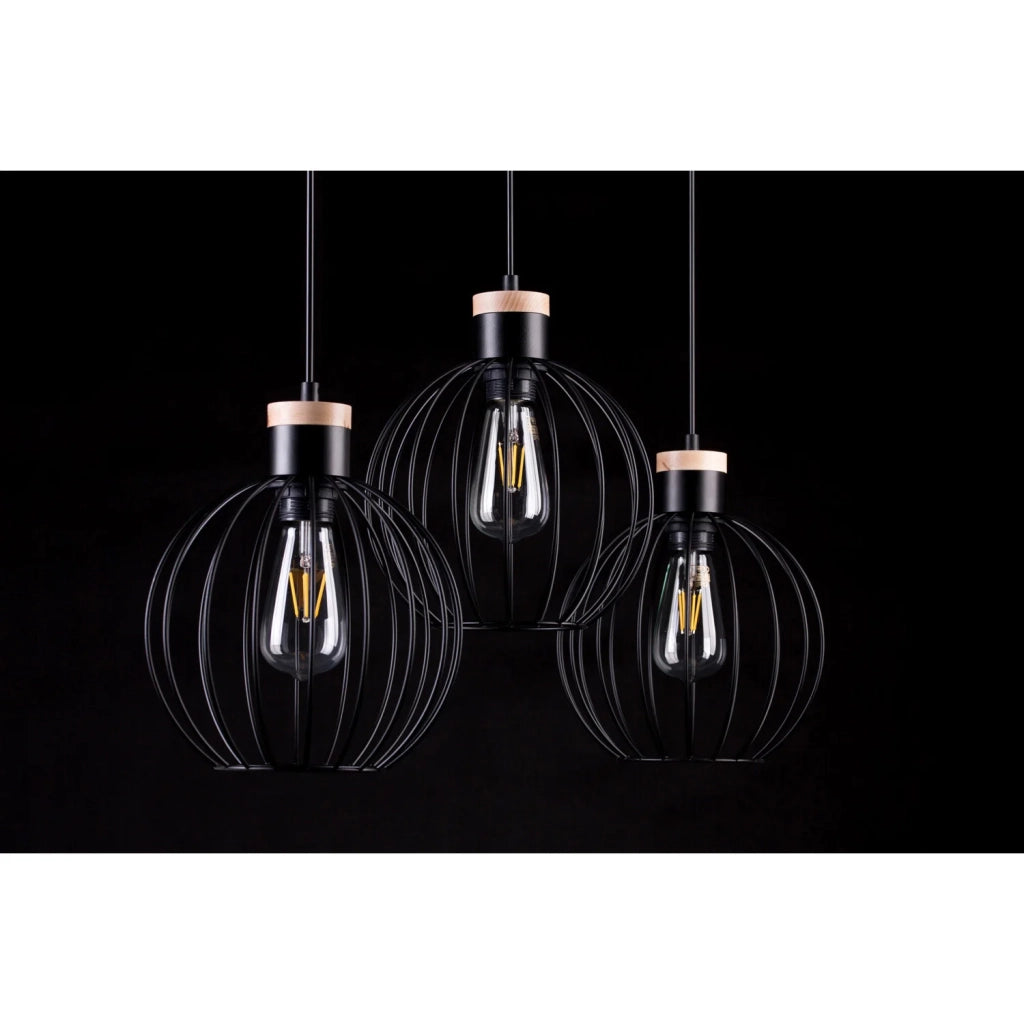 Lampadario 3 Luci Morgana Paralumi A Gabbia In Acciaio Nero E Legno Naturale