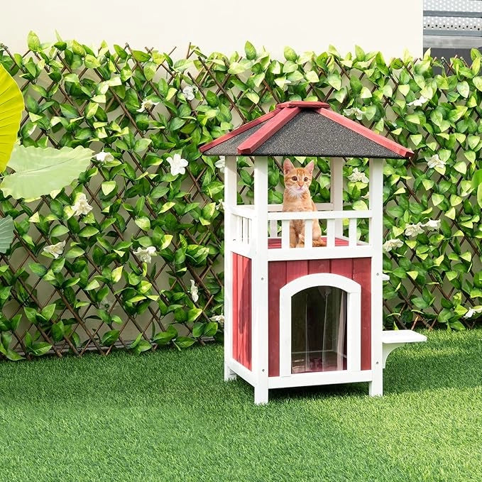 Casetta per Gatti in Legno, Casetta per Gattii a 2 Livelli con Tetto in Asfalto, 2 Piattaforme per Saltare, per Esterno e Interno, 58 x 50 x 87 cm