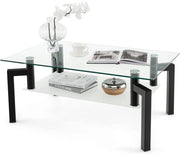 Tavolino da Salotto in Vetro Temperato Moderno, Tavolo Basso Rettangolare a 2 Livelli con Struttura in Metallo, Tavolino da Caffè per Soggiorno e Ufficio, 100 x 60 x 43 cm