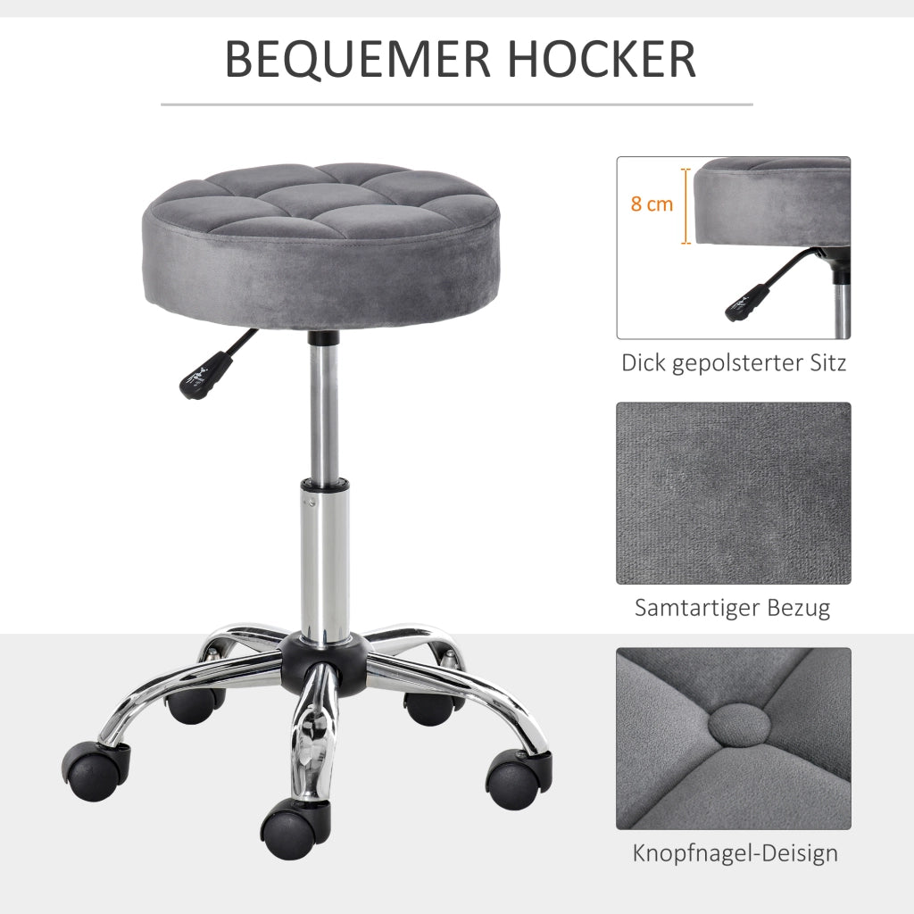 Sgabello da salone regolabile girevole con rotelle e rivestimento effetto velluto in poliestere grigio chiaro Ø35 × 49-61 cm