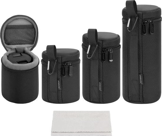 Zak per 4 lenti in neoprene, protezione idrorepellente per lenti fotocamere, 15 mm spessore, impermeabile e shockassorbente per lenti DSLR, nero, nero, Borsa extra