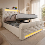 LETTO contenitore 90x200 cm in velluto beige con LED, USB e Type-C con materasso