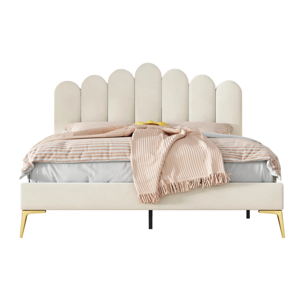 Letto matrimoniale imbottito beige 140x200 cm con testiera regolabile e rete a doghe