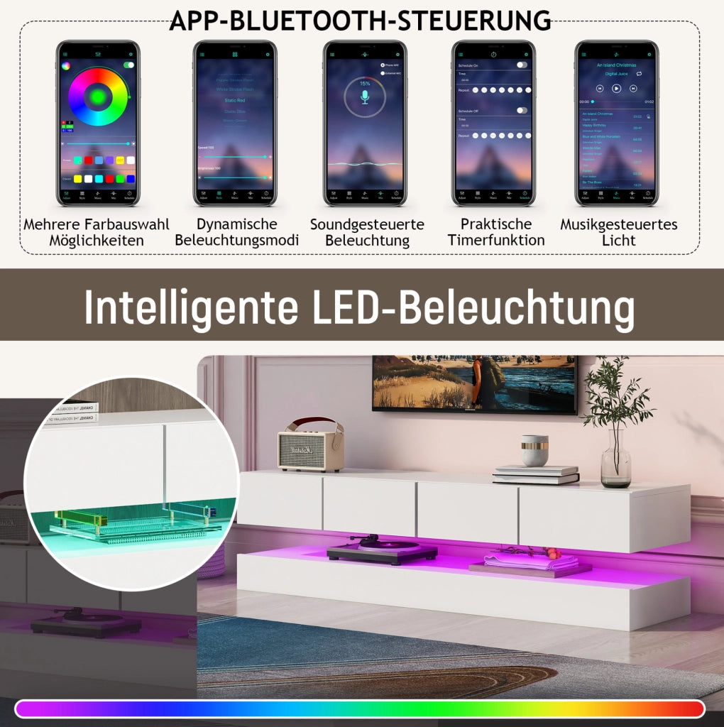 Mobile TV sospeso con LED controllabile da app, 4 cassetti, MDF bianco 130 cm