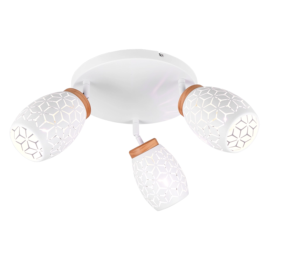 Plafoniera 3 spots, metallo, bianco e legno, D 58 cm, Bidar