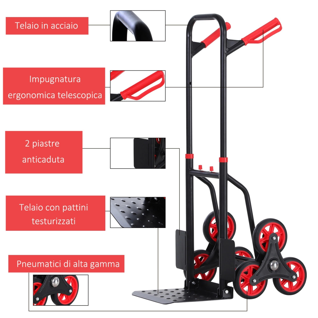 EasyComfort Carrello Portapacchi Pieghevole 120 kg max con Maniglia Estraibile, 60x45x109 cm, Rosso e Nero