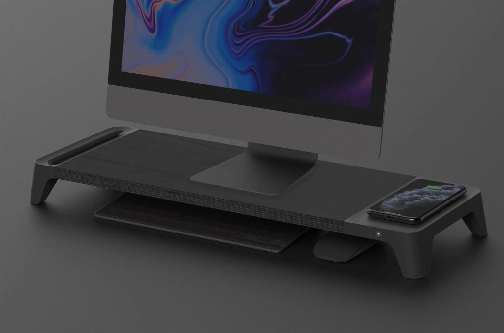 Supporto Monitor da Scrivania 56x20x5,7 cm con Base di Ricarica Wireless in MDF e Plastica Nero