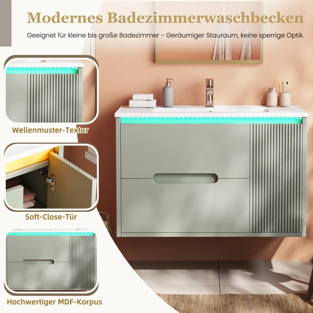 Mobile bagno sospeso 81 cm verde con lavabo in ceramica e luci LED