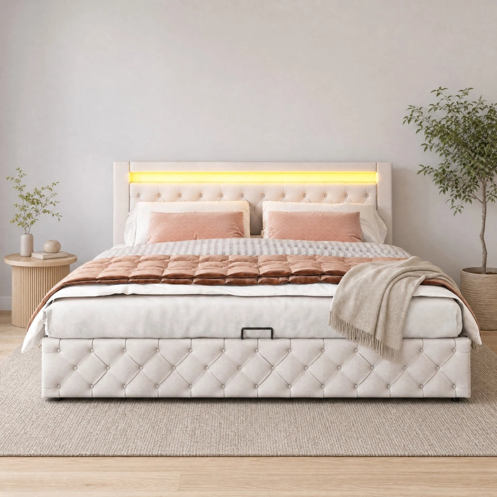 Letto imbottito 180x200 cm con rete a doghe, contenitore e LED
